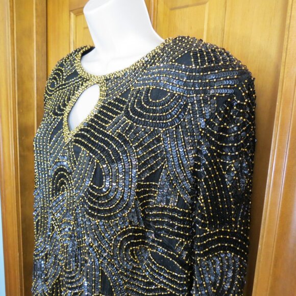 VTG Royal Feelings Black Evening Top Gold Beads Silk Cocktail Size 1X - Picture 3 of 9